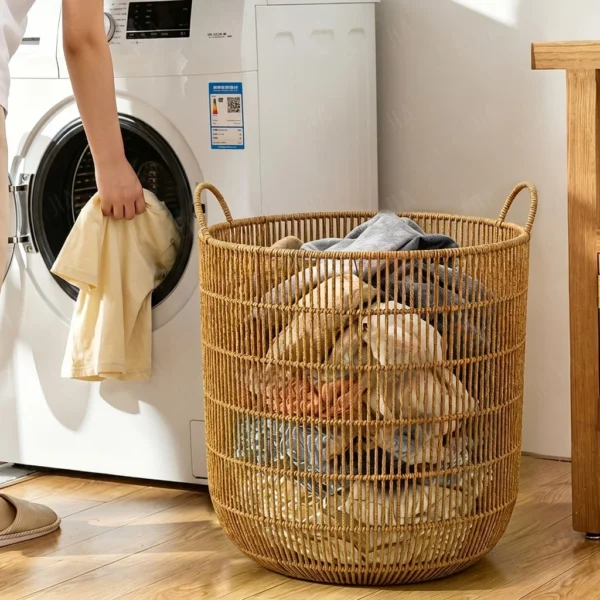 cn-11134207-820l4-mpbz3w7etfy8c5.webp Bakul Baju Rattan Cylinder Style with Handle Modern Metal Frame Laundry Organiser