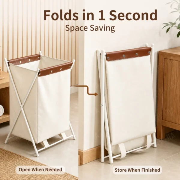 cn-11134207-820l4-mqwteyen46bw39.webp Oxford Fabric Laundry Basket with Leather Handle X Frame Metal Rack Bakul Baju Lipat