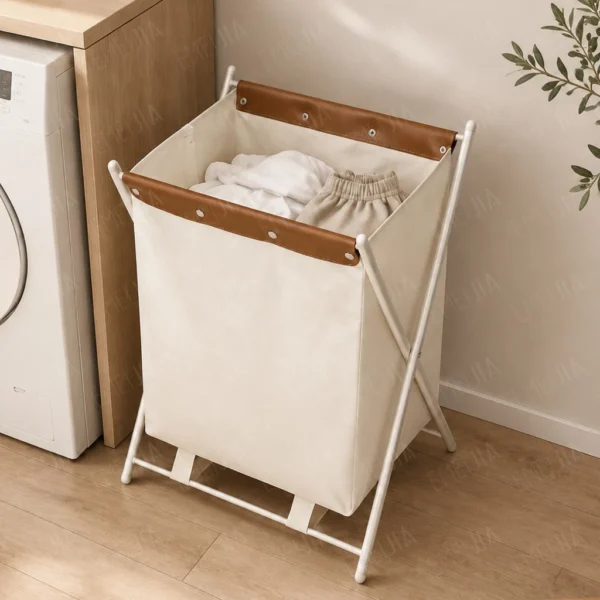 cn-11134207-820l4-mqwteyf74rnwe8.webp Oxford Fabric Laundry Basket with Leather Handle X Frame Metal Rack Bakul Baju Lipat