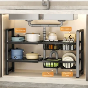 my-11134207-820la-mqyj6k8oxr7w84.webp Expandable Stainless Steel Under Sink Organizer Rak Serbaguna Dapur Sinki Kitchen Bathroom Storage Shelf Easy to Clean