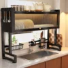 Over Sink Dish Drainer Rack Stainless Steel Kitchen Organizer Storage Shelf with Dustproof Cover  Dish Sink Cabinet