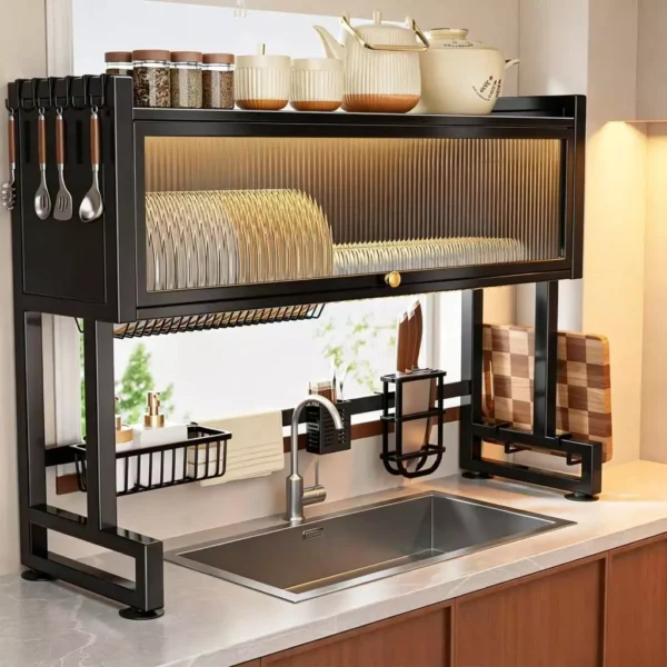 Over Sink Dish Drainer Rack Stainless Steel Kitchen Organizer Storage Shelf with Dustproof Cover  Dish Sink Cabinet