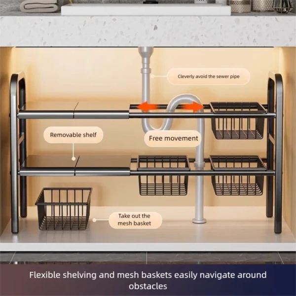 Expandable Stainless Steel Under Sink Organizer Rak Serbaguna Dapur Sinki Kitchen Bathroom Storage Shelf Easy to Clean