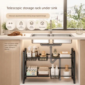 sg-11134201-82582-mrfq7kngo7id31.webp Expandable Under Sink Organizer Rack Kitchen Cabinet Shelf Bathroom Storage Rak Bawah Sinki Dapur Bilik Air Boleh Laras