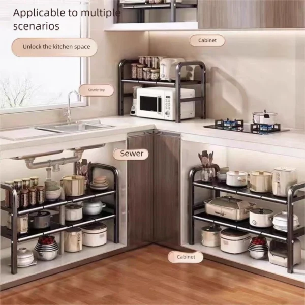 sg-11134201-8258x-mrfpwtxvev46ec.webp Adjustable Under Sink Organizer Rack Expandable Kitchen Shelf Removable Dividers Rak Bawah Sinki Dapur Boleh Laras