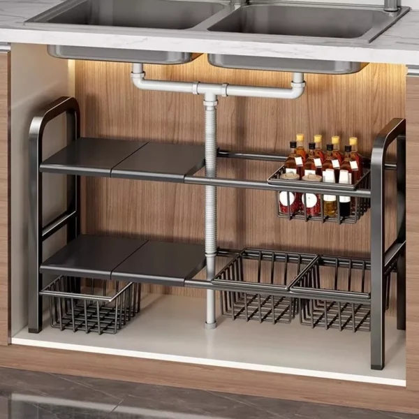 sg-11134201-8259j-mrfpws12of0if8.webp Adjustable Under Sink Organizer Rack Expandable Kitchen Shelf Removable Dividers Rak Bawah Sinki Dapur Boleh Laras