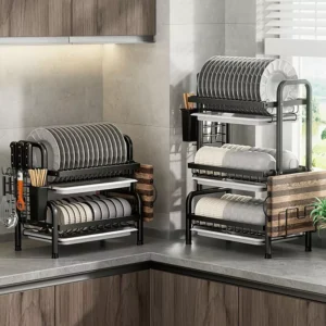 Rak Pinggan Mangkuk Dish Drainer Rack with Utensil Holder Stainless Steel  Kitchen Sink Storage Organizer