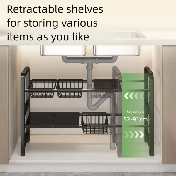 Expandable Under Sink Organizer Rack Kitchen Cabinet Shelf Bathroom Storage Rak Bawah Sinki Dapur Bilik Air Boleh Laras